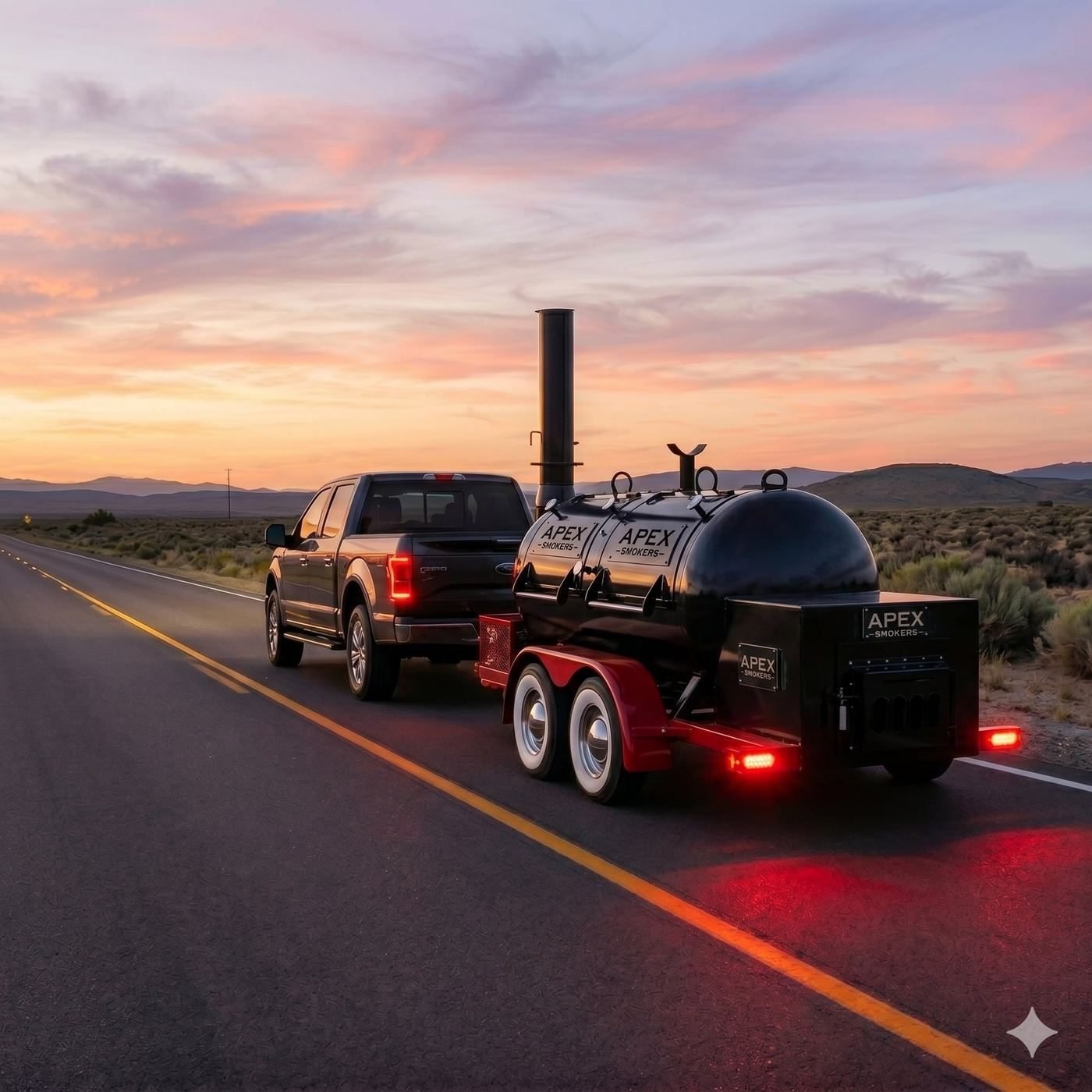 Apex offset smoker trailer at sunset